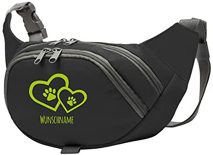 Tierisch-tolle Geschenke Hundesport Bauchtasche Leckerlie-Tasche mit 2 Herzen, 2 Pfoten und Wunschnamen personalisiert | Hundetraining | Leckerlie Beutel (Schwarz/Apfelgrün)