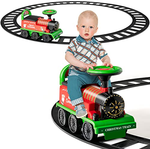 COSTWAY 6V Tren de Vía para Niños, Juguete Eléctrico con Luces y Sonidos, Caja de Almacenamiento Bajo el Asiento y Pedales Retráctiles para Niños y Niñas de Más de 3 Años (Navidad)
