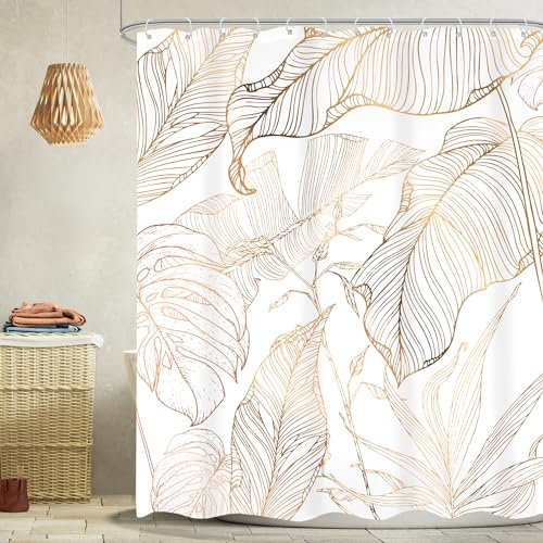 Omifly Weißgold Tropische Blätter Duschvorhang 152x183 cm (BxH) Abstrakte Bananenblatt Palme Badezimmer Set Kupfer Chic Moderne Botanische Pflanze Natur mit 12 Haken Stoff Wasserdicht Zubehör Dekor