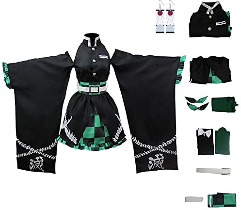 Juejuezi Zenitsu Tanjiro Cosplay-Kostüm, Anime-Kimono, Halloween, schulterfreier Rock, Nezuko Shinobu-Outfit mit Ohrringen, Größe 3XL, Grün