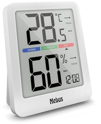 MEBUS digitale Klimastation mit Innen-Thermometer und -Hygrometer, Uhr, Komfortindikator, Beleuchtung, Trendanzeige, Farbe: Weiß, Modell: 40928