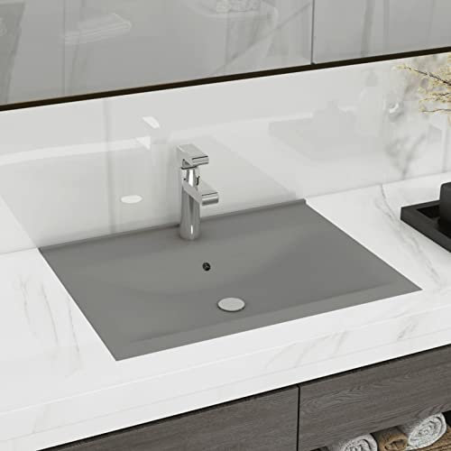 ANGYANG Luxus-Waschbecken mit Hahnloch, Aufsatzwaschbecken, Bathroom Sink, Waschtisch, Ablaufgarnitur, Aufsatzbecken, Matt-Hellgrau 60x46 cm Keramik