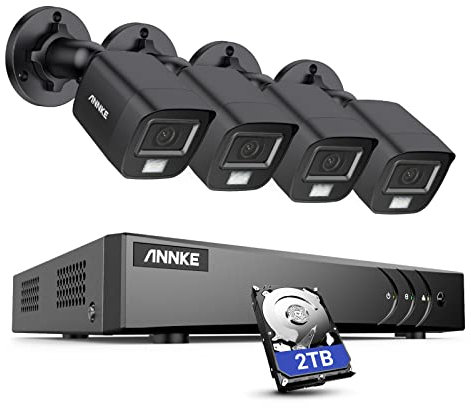 ANNKE 3K Überwachungskamera Set Eingebautes Mikrofon und Scheinwerfer, 8 Kanal DVR Recorder mit Person- und Fahrzeugerkennung, 2TB Festplatte, 4 X 3K Aussen Analoge Überwachungskamera, Farb-Nachtsicht