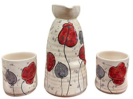 Amarcord La Romagna Set Brocca + 2 Bicchieri in ceramica fatti e disegnati a mano con disegno Tulipani rossi e grigi