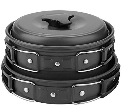 HUAOSN 8 Teiliges Camping Kochgeschirr Set, Rucksack Camping Topf und Pfannen Set, Antihaft Leicht Töpfe Set, Tragbares Outdoor Kochgeschirr für Wandern, Picknick(Schwarz)