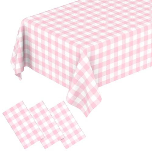 QISOLIY 3 Pack Pink and White Checkered Tablecloth, Pink Plastic Table Cloths for Parties Disposable, Rectangular Pink Gingham Camping Tablecloth for Birthday, Party, Picnic 54 x 108 inch