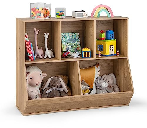 GYMAX Toy Storage Organizer, 5 Cubby Kids Storage Shelf Unit with Anti-Tipping Kits, Wooden Children Bookcase for Kids Room Playroom Nursery (Natural)