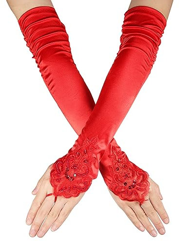 Lange Spitzenhandschuhe, Weiche Fingerlose Spitzenhandschuhe, Opernhandschuhe, Ellenbogenlange Handschuhe, Lange Satinhandschuhe Brauthandschuhe für Hochzeit, Teeparty, Maskerade(Rot)