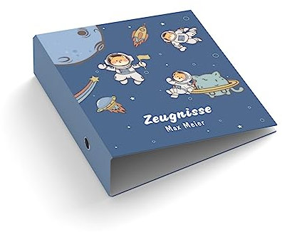 Ringordner | Ordner | mit Name + Text personalisieren | Astronaut | Weltall | Zeugnisse | Mit Griffloch | für DIN A4 | 7,4 cm breit | Zeugnismappe | blau