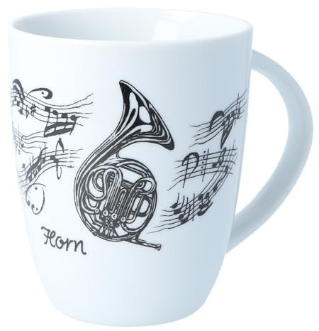 Kaffeetasse mit diversen Instrumenten und musikalischen Motiven (Horn)