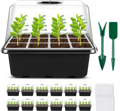 Qmioti 12 Pièces Mini Serre pour Semis, Plateau de Semis 144 Cellules, Bac à Semis de Propagation avec Dôme d'humidité, Kit de Germination de Serre pour Plantes de Semis, Noir