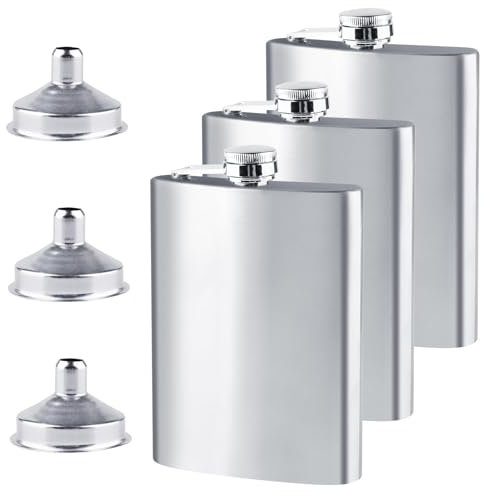 3 Stück Edelstahl Flachmann mit 3 Stück Trichter, 8oz.227 ml Auslaufsicher Flachmänner Tragbare Spirituosen-Hüftflasche für Männer für Camping Klettern Picknick (Silber)