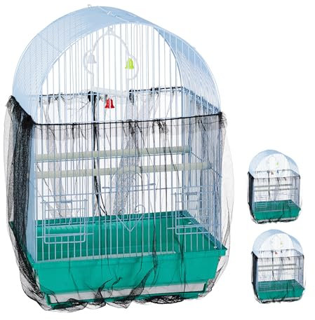 Relaxdays Abdeckung, 3er Set, Verstellbarer Kordelzug bis 2 m Umfang, Vogelkäfig Netz, Samenfänger, schwarz