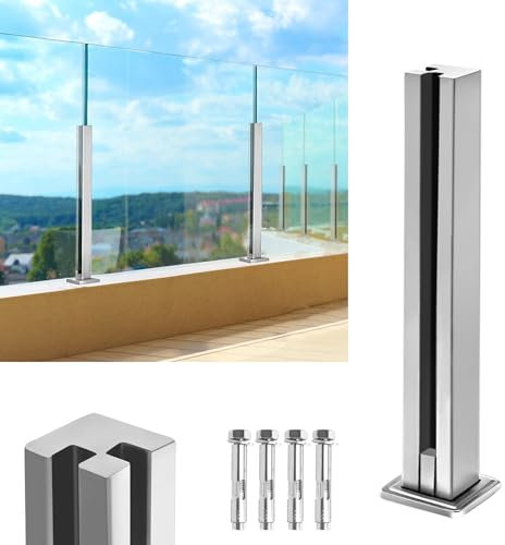 YRHome Edelstahl Geländerpfosten Glasklemme Glashalter Glasgeländerpfosten Glasgeländer Glas Balustraden-Geländerpfostenklemme für Balkonterrasse Außenpool Terrassen (Silber-Eckpfosten, 85cm/33.5)