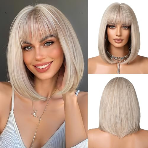 OUFEI Platinblond Bob Perücke mit Pony Kurz Gerade Perücke für Frauen Synthetisches Haar Perücken Cosplay Täglich Party Gebrauch