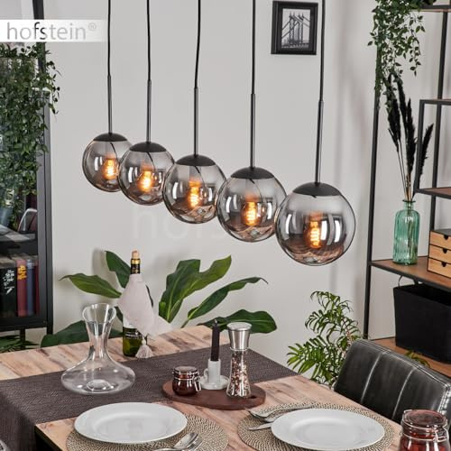 HOFSTEIN Hängeleuchte Gastor, 5-flammige Hängelampe aus Metall/Glas in Schwarz/Rauchfarben, moderne Pendelleuchte im Retro/Vintage-Design, Ø Schirme 15 cm, E14, Esszimmer, Küche, Wohnzimmer