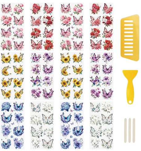 WANDIC 12 Blatt Transfer-Aufkleber, Blumen-Aufkleber, Schmetterlings-Aufkleber, wasserdichte Aufkleber für Fotoalben, Grußkarten