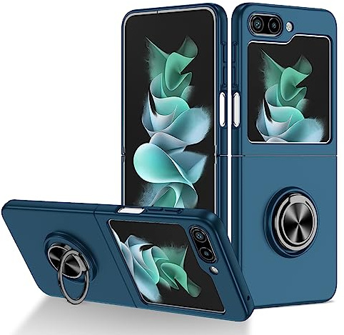 Samsung Galaxy Z Flip 5 Case with Stand Shockproof Rotating Ring Holder Protective Cover Anti-Scratch Hard PC Shell compatible with Car Mount for Samsung Z Flip 5, Dark Blue