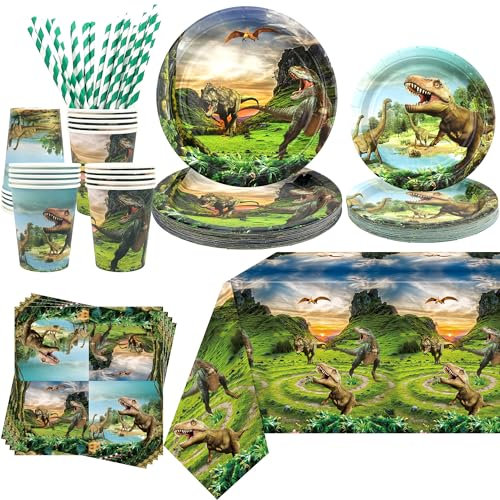 Obussgar Dinosaur Party Decoration - Cartoon Dinosaur Birthday Party Tableware Supplies Includes Plates, Cups, Napkins, Tablecloth, Straws - Serves 20