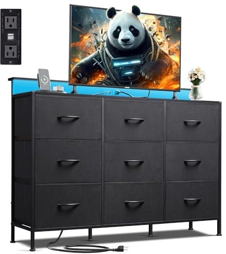WLIVE Kommode, TV-Ständer für 140 cm (55 Zoll), LED-Kommode für Schlafzimmer, schwarze Kommoden für Schlafzimmer, mit LED-Lichtern und Ladestation, Kommode, 9 Stoffkommoden, Holzplatte, Livin