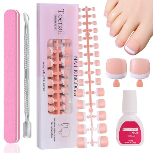 French False Nails Kit for Toe, 240Pcs Press On Toenails, False Toenails With Glue Acrylic Fake Nails 15 Sizes Stick On Nails White Tip Nail Art (Toenails-02)
