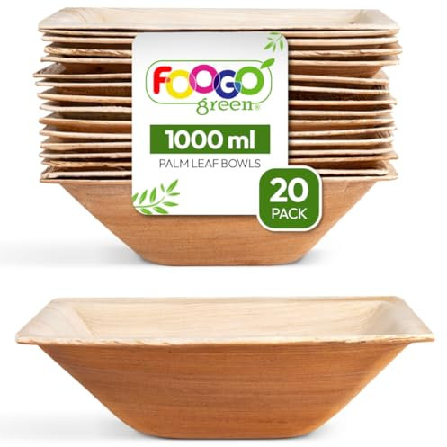 FOOGO Green 20pcs Disposable Palm Leaf Bowls, 8 (20cm) 33.8oz (1000ml), for Soup, Desserts & Salad, Deep Square, Sturdy Eco Friendly Biodegradable, Bamboo, Wooden and Strong Paper Bowls