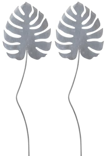 Monstera Lot de 2 feuilles sur tige en fer gris 100 cm – Décoration de jardin pour extérieur, terrasse et balcon – Piquet de jardin résistant aux intempéries et polyvalent au design moderne