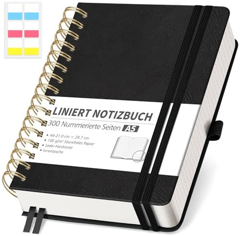 RETTACY Notizbuch A5 Liniert, Bullet Journal mit 100 g/m² Dickem Papier, 150 Blatt/300 Nummerierten Seiten, Collegeblock für Büro und Schule, Lederhülle, Schwarz, 14.8 cm x 21 cm