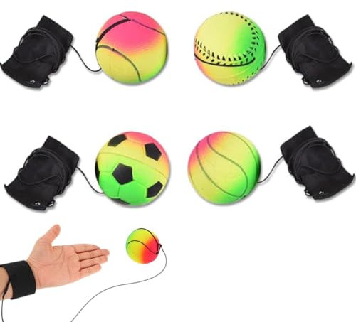 BOBOZHONG Handgelenk Return Ball - 4 Stück Springball Mit Schnur 6cm, Sport Gummi Rebound Ball für Kinder und Erwachsene