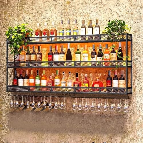 Wall Mounted Wine Rack with LED Glass Holder, Liquor Bottles Shelves Display Storage Organizer Hanging Long Stemware Goblet Metal for Home Mini Bar Cellar Black