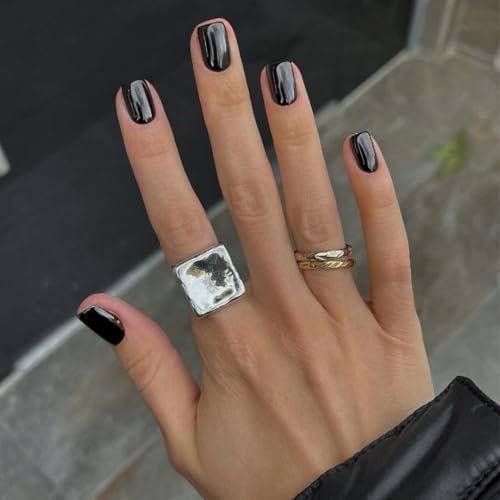SXVME Black Press on Nails Short Square Classic Gel Fake Nails Press ons Natural False Nails Short Coffin Glossy Solid Color Acrylic Nails Reusable Glue on Nails for Women Daily Wear 48 Pcs