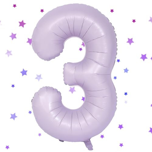 Hell Lila Luftballon 3, 40 Zoll Folienballon, 101cm Zahlenballon 3 Helium Ballon für 3 Jahre Geburtstagsdeko Mädchen Junge