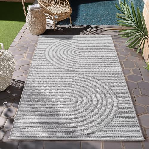 HomebyHome Outdoor Teppich Grau 80x150 cm Läufer Wetterfest UV-beständig Pflegeleicht Skandinavisches Boho Design für Küche Balkon Terrasse Wohnzimmer