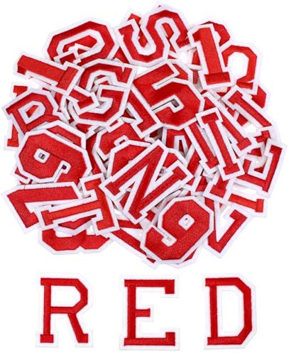 72Pcs Iron on Letters and Numbers Patches, Embroidered Patches Alphabet Letters A-Z Numbers 0-9 Applique for Hats Shirts Jeans Clothes Bags DIY Accessories (Red)