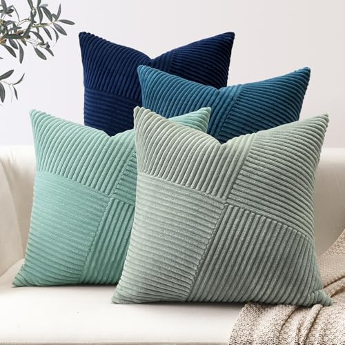 Sungeek 4er Set Cord Kissenbezüge, Windmühle Streifen Kordsamt Kissenbezug Sofakissen Dekokissen Patchwork Design Deko Zierkissenbezüge Kissenhülle für Wohnzimmer (50x50cm, Blau)