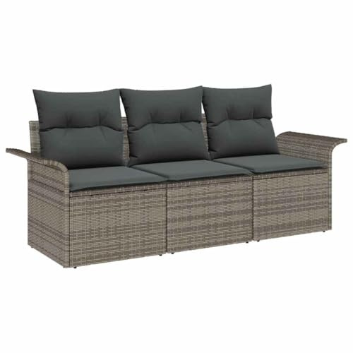 vidaXL 3-teiliges Garten-Sofaset mit Kissen in Grau aus Poly-Rattan, verstellbar, langlebig, wetterfest, modulares Design, bequeme Sitzgelegenheiten für Gartenmöbel, Terrasse, Lounge und Außenbereich.