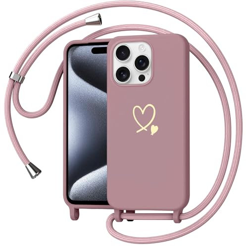 Yichxu Handyband für iPhone 15 Pro Hülle mit Band, Herz Design Necklace Handyhülle zum Umhängen Kordel, Stoßfest Schutzhülle mit Kette, Weich TPU Liquid Silikon Case für iPhone 15 Pro, Rosa