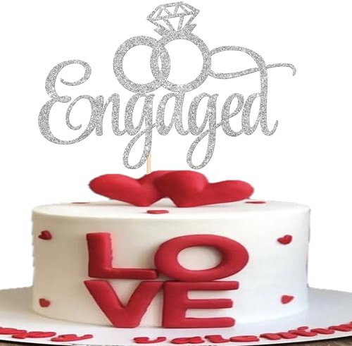 Xsstarmi 1 Pack Engaged Cake Topper Silver Ring Glitter We're Engaged Theme Bridal Shower Cake Pick for Wedding Engagement Party Cake Decorations