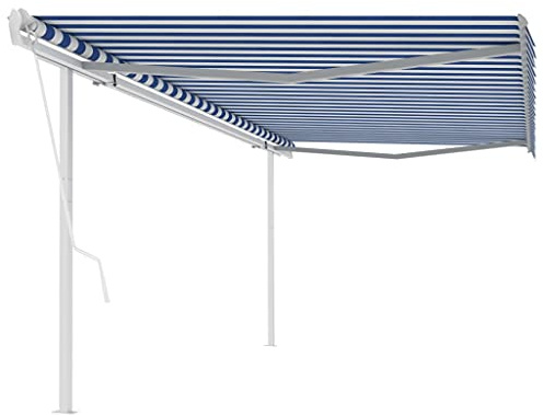 QJBSAVVA 500x350 cm Markise mit Standpfosten elektrisch einziehbar in Blau-Weiß aus pulverbeschichtetem Aluminium und UV-resistentem Polyestergewebe für Garten Terrasse Balkon