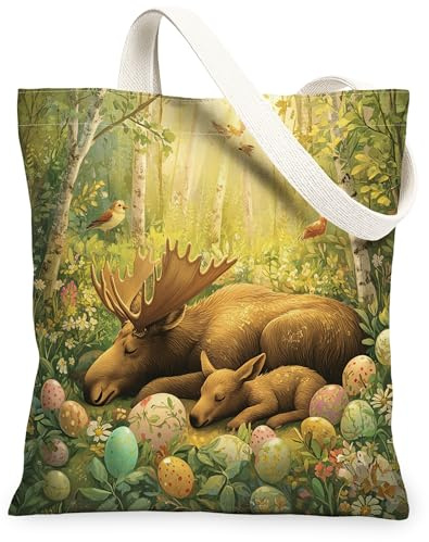 Einkaufstasche aus Segeltuch für Frühling, Ostern, Elch, Hirsch, Wildtiere, 33 x 38 cm, wiederverwendbar, Lebensmittel-Druckmuster, Tasche für Damen, malerischer Strand, ästhetische Malerei, Geschenk