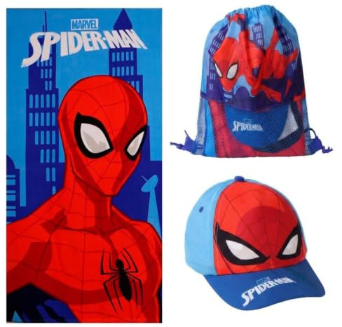 Spiderman-Handtuch-, Kappen- und Rucksackset für Strand und Pool – Spiderman-Kinderset mit Kappe, Handtuch und Tasche, komplettes Sommerset für Jungen und Mädchen, ideal für Urlaub und Ausflüge
