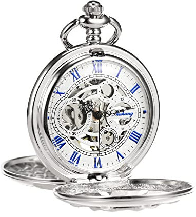 TREEWETO Unisex Taschenuhr mit Kette Analog Handaufzug Doppelscharnier Ruder Skelett Silber