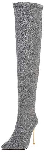 LUXMAX Stivali Elasticizzati Donna sopra Il Ginocchio Tacco Alto Spillo Scarpe a Punta Tacchi Alti 10 CM (Argento) - 42 EU