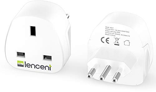 LENCENT 2X UK to Italy Plug Adapter, Grounded Italian Travel Adapter for Italy, Chile, San Marino, Vatican City, Uruguay, Syria, Eritrea, Libya and more (Type L)