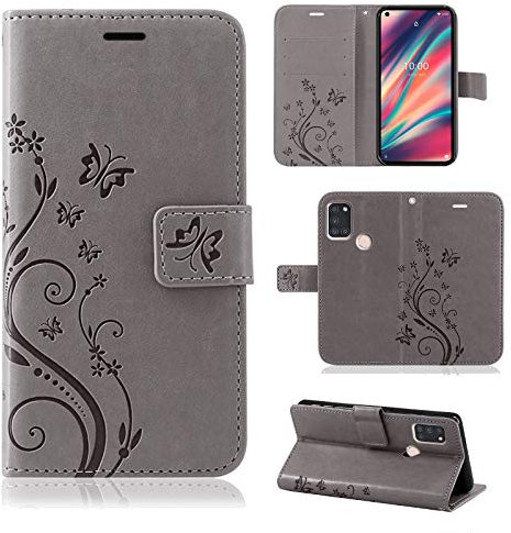 betterfon Funda compatible con Wiko View 5 / View 5 Plus | Funda de piel sintética premium para teléfono móvil View 5 / View 5 Plus | funda protectora con diseño de flores | gris