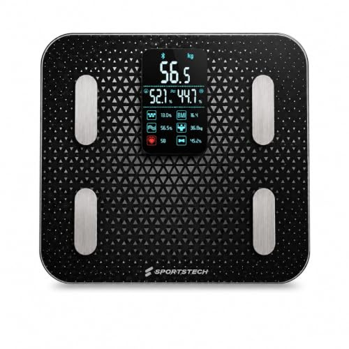 SPORTSTECH BBS300 Körperanalysewaage bis 180 kg Personenwaage mit 13 Körperwerten, Körperfett- & Muskelanalyse, 4,9-Zoll-Farbdisplay, Bluetooth und App