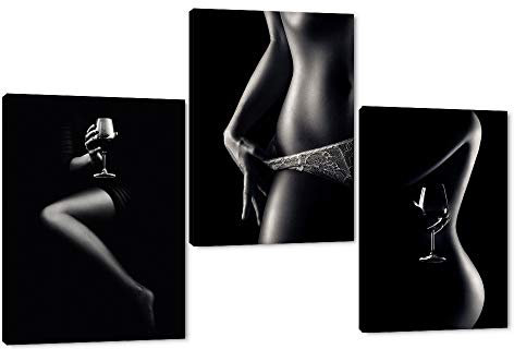 3 x schwarze Textur, sexy nacktes Mädchen, Wandkunst, Rotweinglas und menschliche S-förmige Kurve für Büro, Heimdekoration, Wandkunst auf Leinwand, fertig zum Aufhängen, 91.4 x 40.6 cm (B x H)