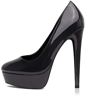 Zhabtuc Escarpins Femme Plateformes Talons Aiguille 14CM Bout Rond Fermé Vernis High Heels Party Soirée Mariage Chaussures Talons Hauts, Noir, 40 EU