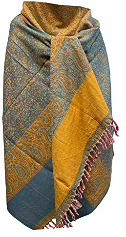 Schal aus reiner Yakwolle, hellblau-gelb, mit Blumenmuster, als Dekoration, Wolldecke, Unisex, übergroß, doppelseitig, luxuriös, als Geschenk