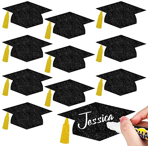 Whaline 50 Stück Abschlusskappen mit Glitzer, Schwarz / Gold, 2024 Abschlusshut, Ausschnitte mit 100 Klebepunkten, 14 cm Grad Kappen-Ausschnitte, Konfetti-Tischdekoration für High School, College,
